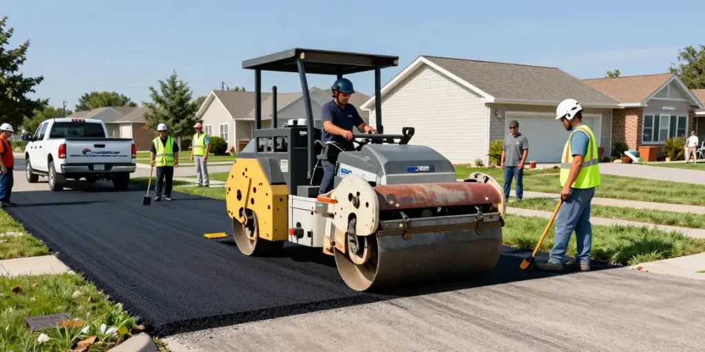 This Edmonton paving contractor crew expertly lays asphalt, showcasing professionalism and quality in a residential setting.