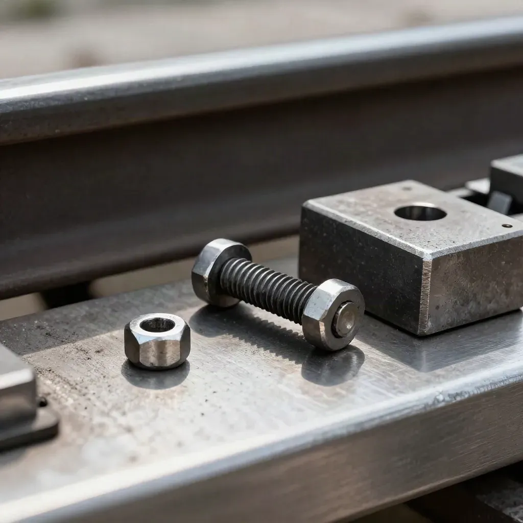 Rail coupling pin, track bolts and gauge block on brushed steel under dramatic workshop light.