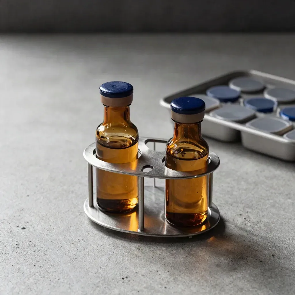 Amber vials, stainless rack and capped tray on concrete in a refined lab flatlay.