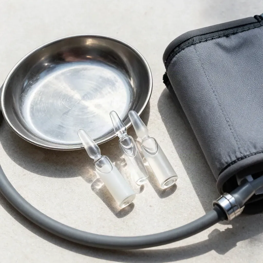 Kidney dish, glass ampoules and a blood-pressure cuff on pale stone, shot from above.