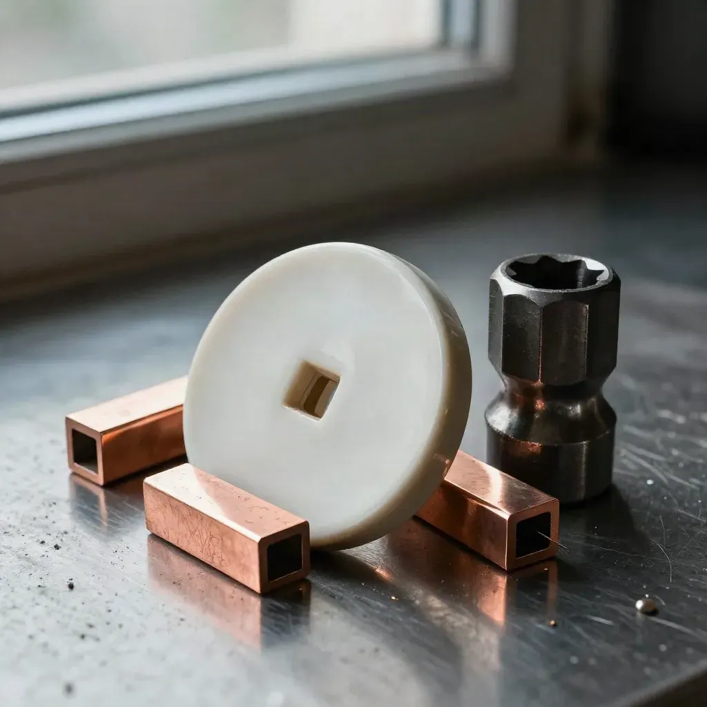 Electrical components on brushed steel with copper edges catching soft light.