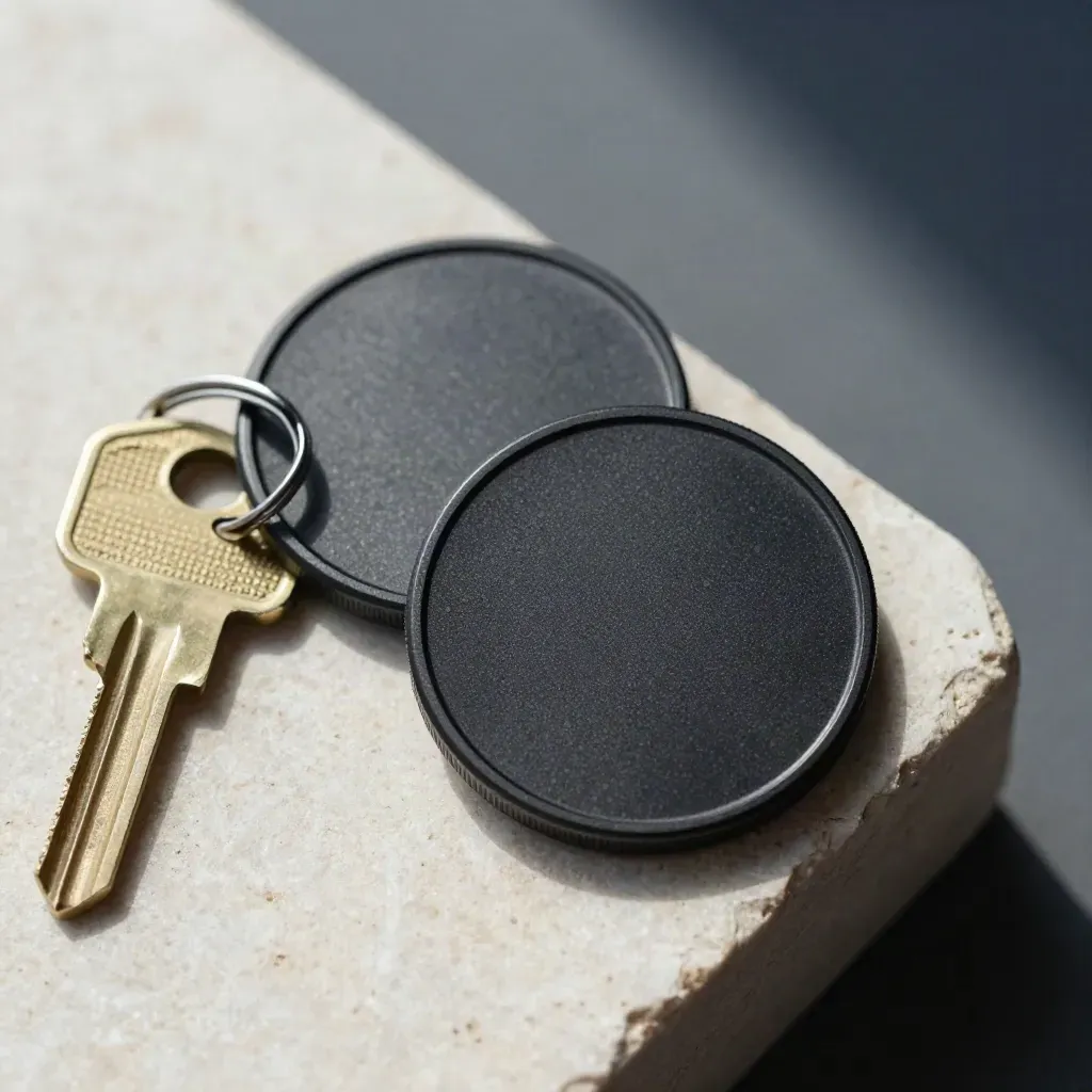 Two matte-black security tokens and a brass ring on pale stone under dramatic light.
