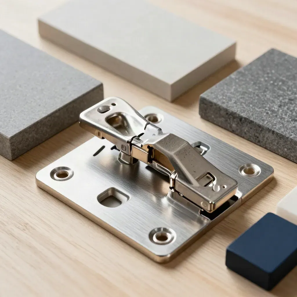Top-down macro of hinge plates, stone samples and joinery blocks on pale oak.