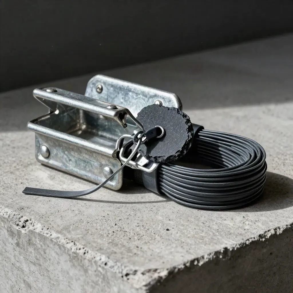 Warehouse latch, shipping seal, and cable ties secured on concrete under dramatic studio light.