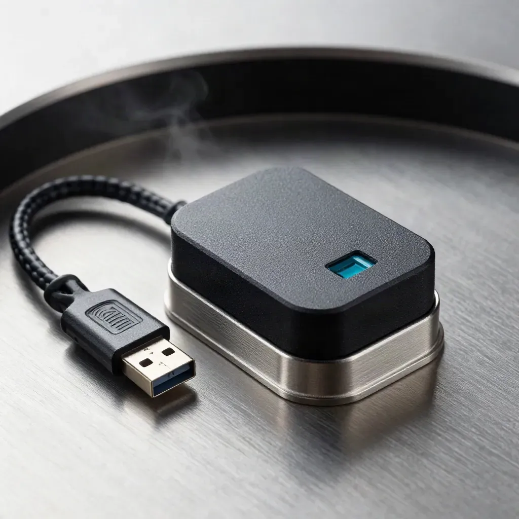 Fingerprint reader puck with USB lead and steel stand on brushed metal, side-lit in macro.