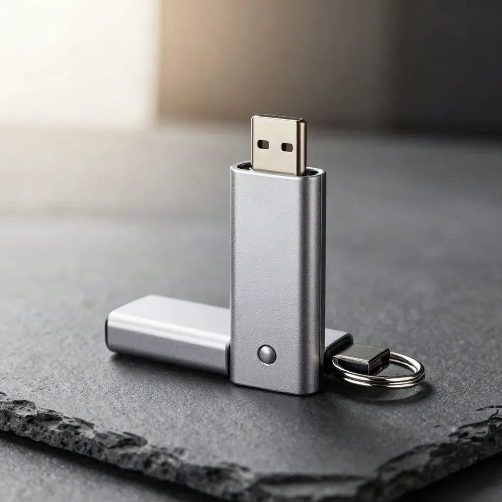 Silver USB-C security key with adapter and ring on graphite stone, tight macro