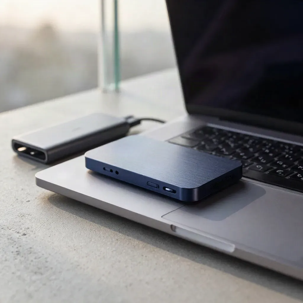 Closed laptop, security key, SSD and charger seen through blurred glass on a startup desk