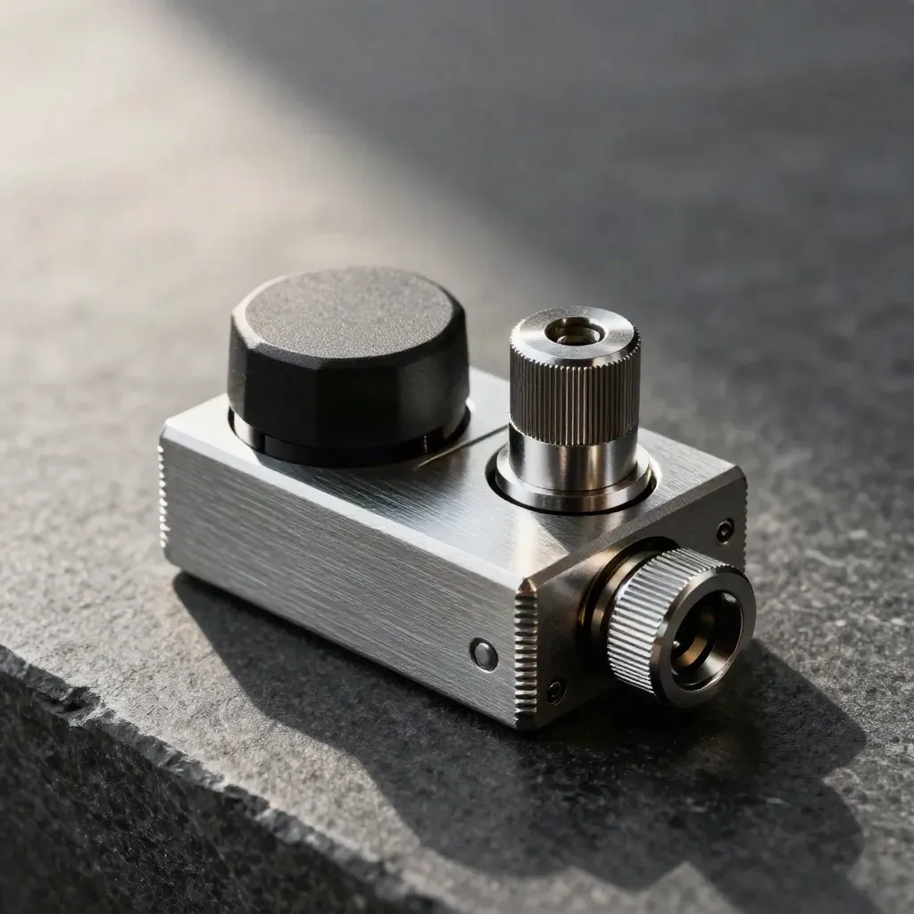 Macro still life of a port lock, RJ45 cap and keying cylinder on dark stone.