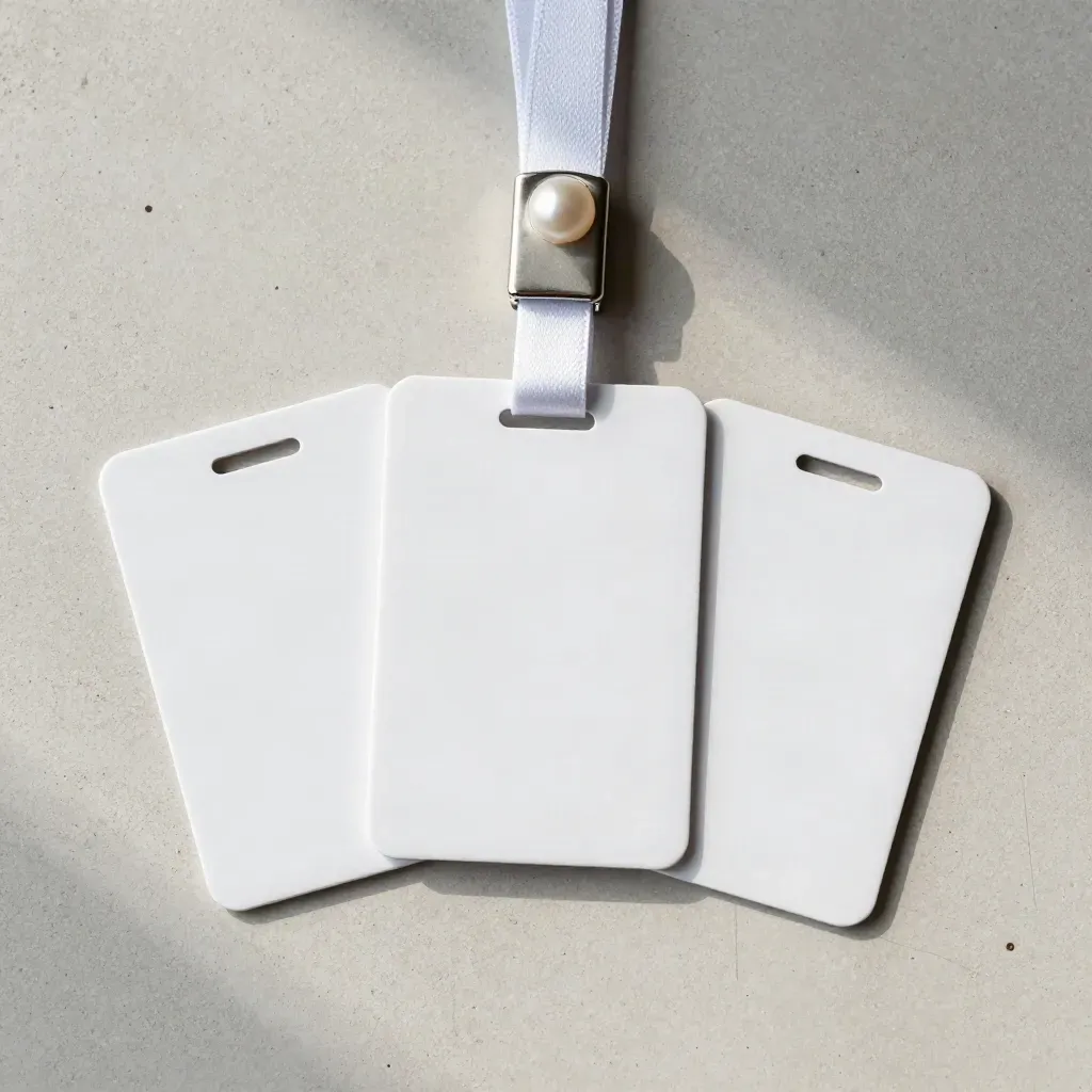 Top-down macro of NFC access cards, sleeve and badge clip on pale concrete.