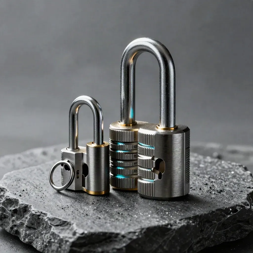 Three keyed lock cylinders and a retaining ring on charcoal stone, lit dramatically.