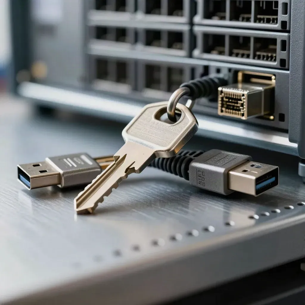 Macro still life of USB security keys, Ethernet jumper, SFP transceiver and rack ear on brushed steel.