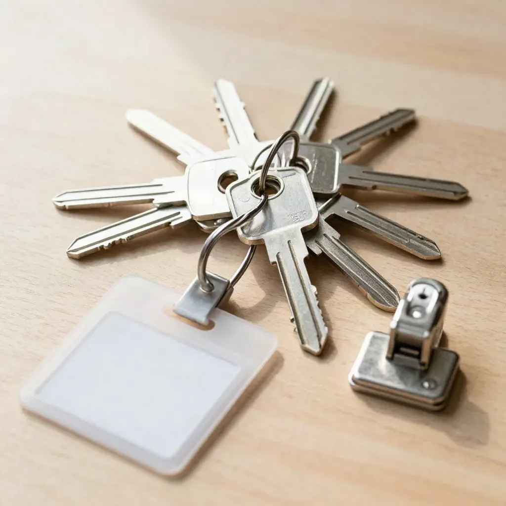 Blank office keys, badge clip, and drawer latch on pale wood, viewed from above.
