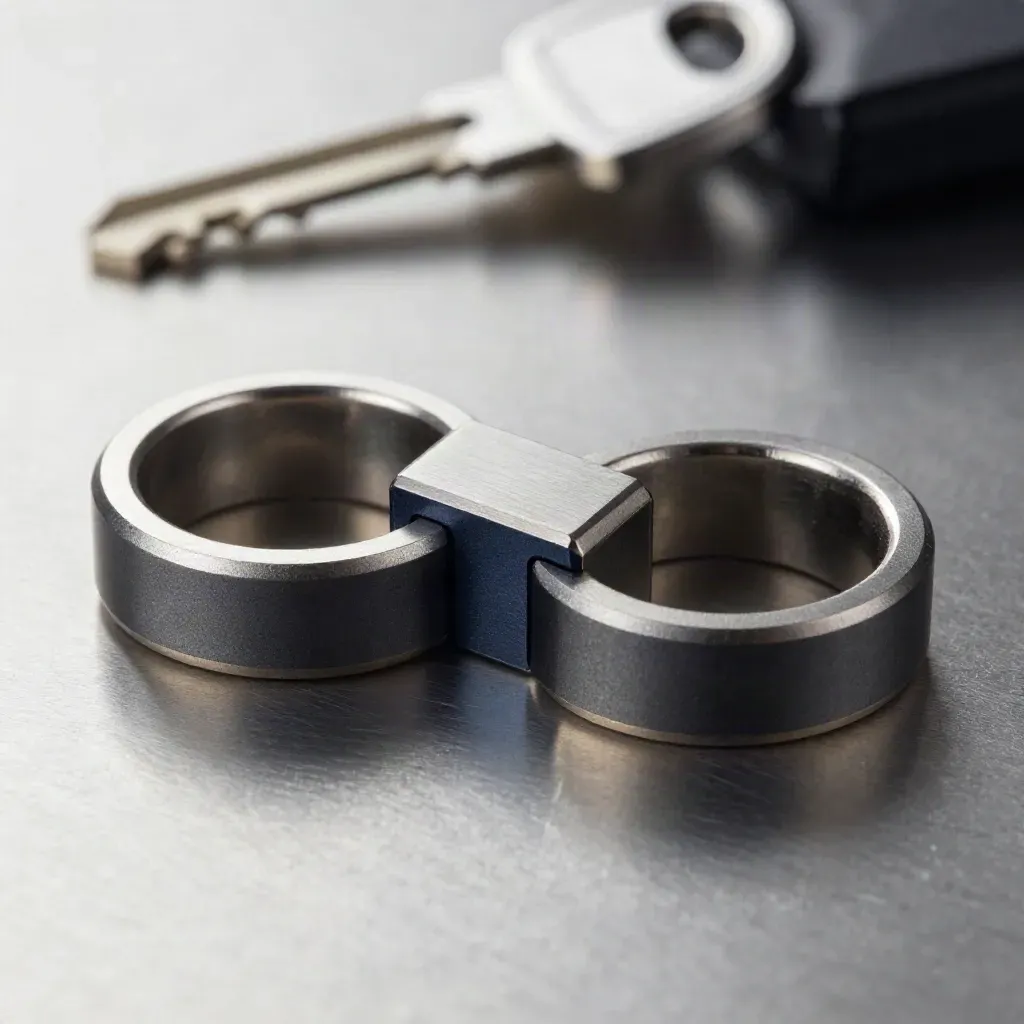 Machined rings and a connector block bridging a gap on brushed metal under dramatic studio light.
