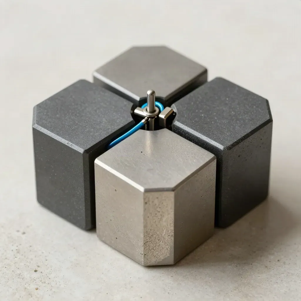 Hex blocks joined by a steel pin on pale concrete, shot from above with a cyan accent.