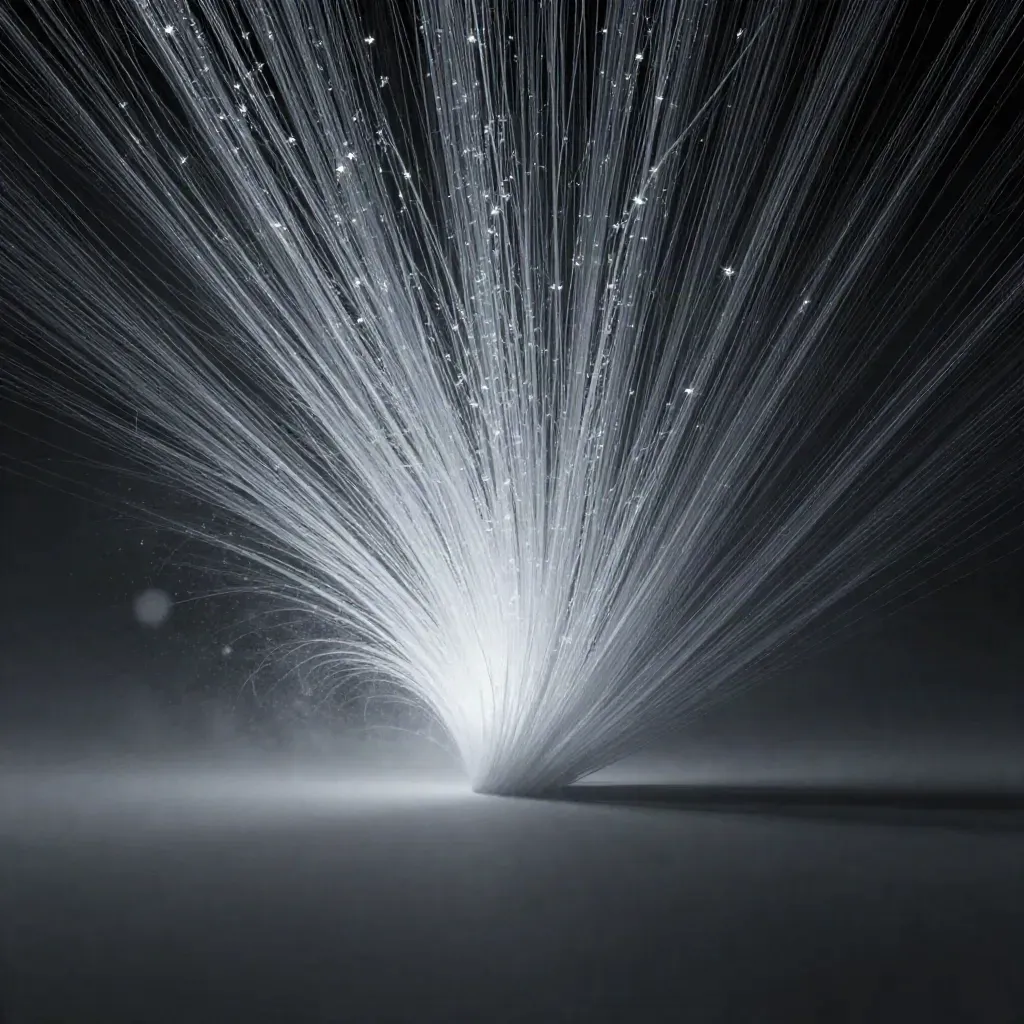 Abstract silver filaments bloom in graphite haze with drifting motes and empty lower space.