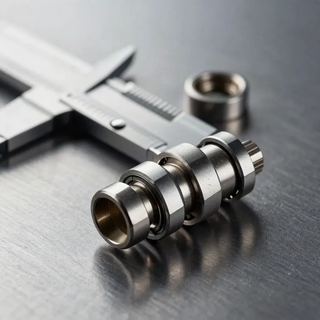 Macro steel connector spine, split rings, and calibration collar on brushed metal with soft haze.